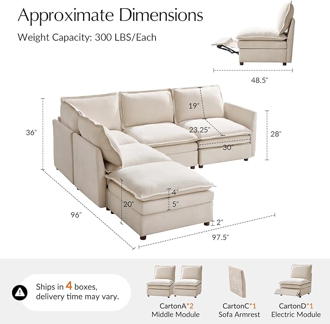 HULALA HOME 98'' Power Recliner Sofa with Dual-Layered Cushions, Oversized Modular Sectional Sofa L Shaped Couch with Storage Ottoman, 4 Seater Cloud Couch for Living Room, Beige