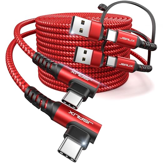 JSAUX 3-in-1 USB-C Cable 2-Pack 10FT 100W Right-Angle Fast Charging Blue | Right-Angle Braided Cables with USB-A Adapter 2 x 10 ft for iPhone 17/16/15 Galaxy S26/S25/S24 iPad MacBook Steam Dec