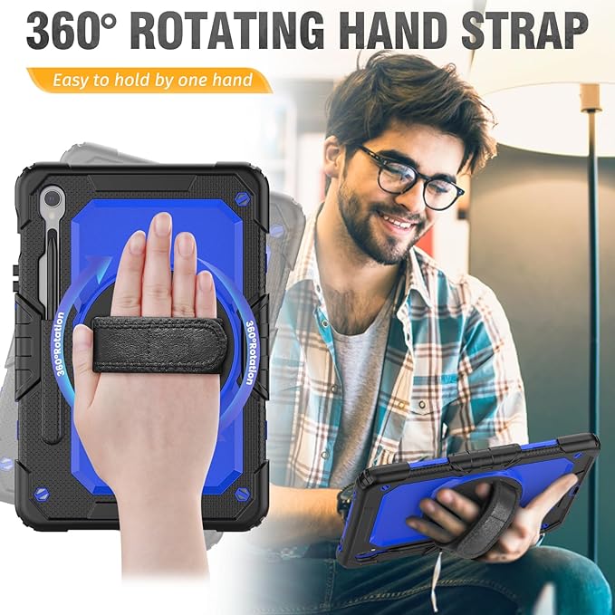 HXCASEAC Case for Galaxy Tab S10 FE / S9 FE 5G 10.9 inch, Shockproof Design with Screen Protector, 360° Hand Strap Stand, S Pen Holder, Heavy Duty Protective Samsung S9 FE / S10 FE Tablet Case, Blue