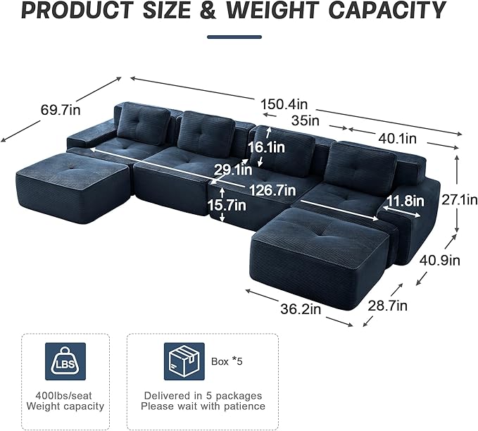 150" Modern Compressed Boneless Couch with Ottoman, 4 Seater Large U Shaped Sectional Couches for Living Room, Blue Corduroy Cloud Modular Sectional Sofa, Memory Foam, Extra Deep, No Assembly