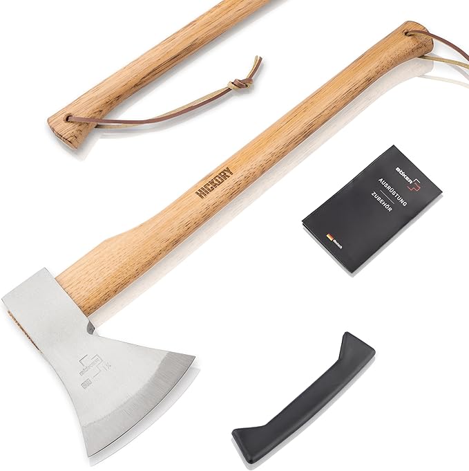 BOKER Plus® Appalachian Axe – Professional Bushcraft, Outdoor & Survival Axe – Large Carbon Steel Blade with Long Hickory Handle – Camping Hatchet with 600 g Rhineland-Style 1055 Carbon Steel Head
