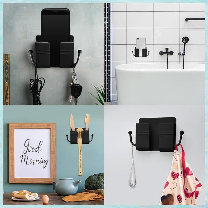 Jetec 6 Pcs Wall Mount Phone Holder Self-Adhesive Wall Beside Organizer Storage Box Plastic Charging Phone Stand Remote Brackets Holder for Bedroom (Black)