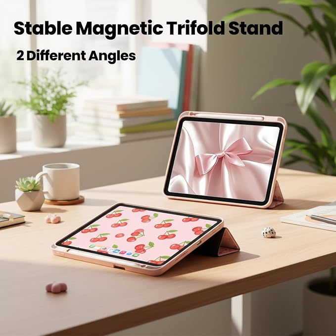 for iPad A16 11 Inch 2025 /for iPad 10th Generation 10.9 Inch 2022 Cute iPad Black Case with Pencil Holder-[Auto Wake/Sleep] Trifold Stand Soft TPU Protective Cover Pink Bows