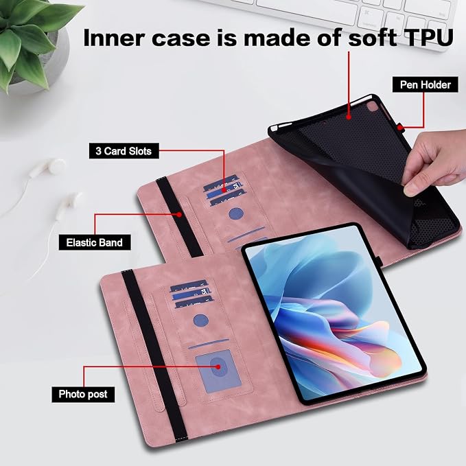 Case for Lenovo Tab M9 Cover 9.0 inch (TB-310FU2023 Released) Embossed Premium PU Leather Flip Stand Case with Elastic Band/Card Slots/Pen Holder for Lenovo Tab M9 Tablet - Pink