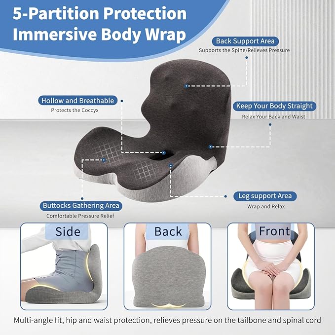 Memory Foam Office Chair Cushion, Ergonomic Seat Cushion with Lumbar Support, Extra Thick L-Shaped Integrated Seat Cushions with Adjustable Strap, for Gaming, Car Seat Cushion(Gray Stitching)