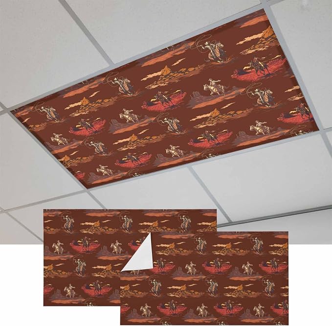 Cowboys Horses 2 Pcs Fluorescent Light Covers 4 x 2 Feet, Desert Ethnic Winds