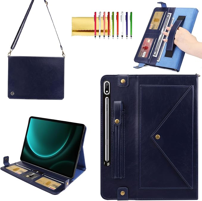 Handbag Case for Samsung Galaxy Tab S10 FE/S9 FE 10.9/S9/S8/S7 11 Techcircle Folio Stand Crossbody Wallet Protective Cover with S Pen Holder &amp Card Slots Hand Strap &amp Shoulder Strap Black