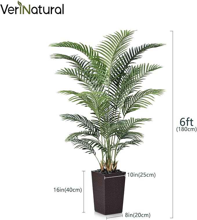 6FT Artificial Palm Tree - Tall Fake Tree with Brown Taper Planter & Pebbles, UV Resistant for Indoor & Outdoor Decor - Large Potted Faux Plant for Living Room, Office, Home Decor,VN130