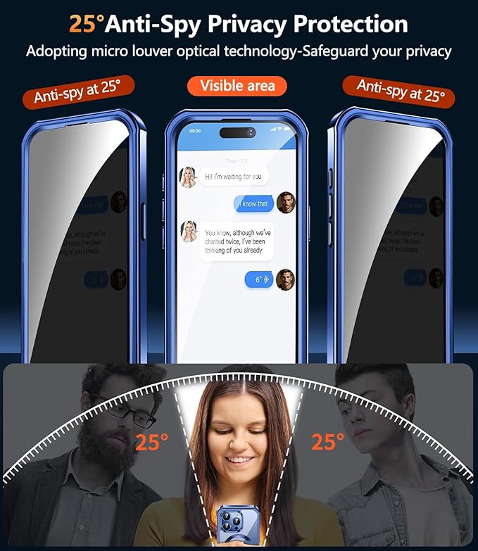 [360° Rotatable CD Stand & Built-in Privacy Screen Magnetic Case for iPhone 15 Pro [Compatible with MagSafe & Full Signal] Mil-Grade Shockproof Full Body Anti-Spy Cover for 15 Pro-Blue