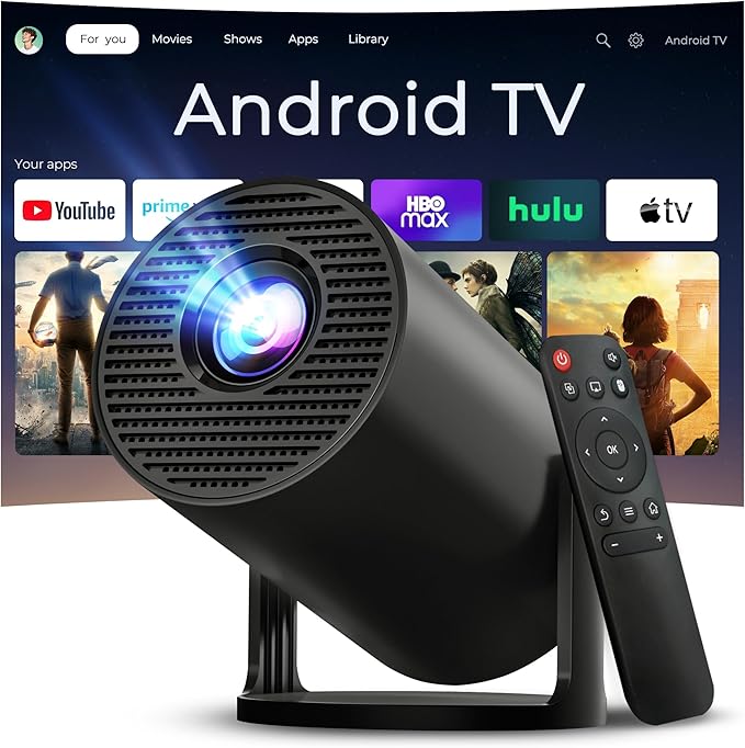 Mini Projector with WiFi 6 and Bluetooth 5.4 Built-in Android 11, 1080P 4K Support Portable Projector, Auto Vertical Keystone, LYNCAST 180° Rotatable Projector for Home,Outdoor OptiBarrel 500 Black
