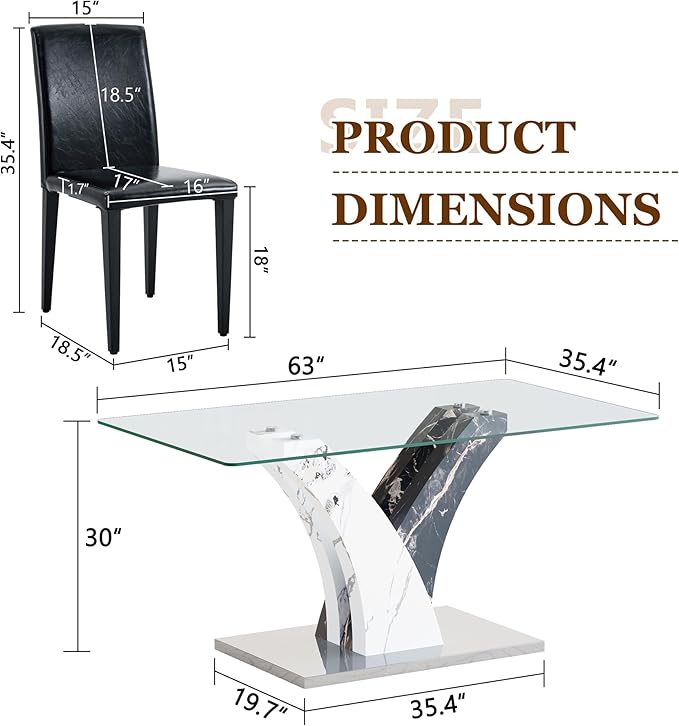 Glass Dining Table Set for 4, 63” Kitchen Table Set for 4, Modern Dining Room Table Set with Upholstered Chairs, Tempered Glass Tabletop with Y Shape Base