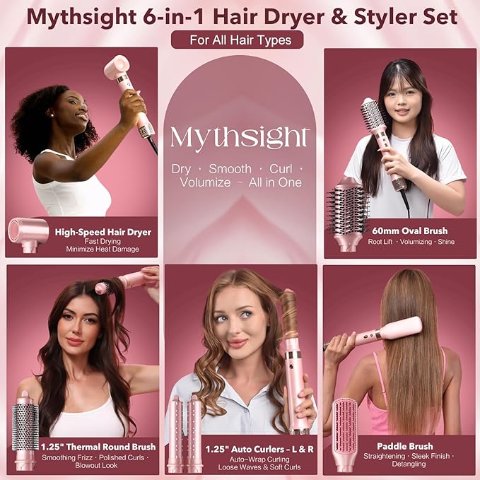 Mythsight Dual Voltage StyleVibe 8-in-1 Air Styler, Hair Dryer & Blow Dryer Brush with Travel Case - Auto Wrap Curls (L/R), Fast Drying, Thermal Brush for Blowouts & Frizz-Free Volume, No Heat Damage