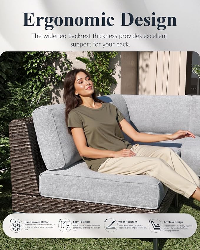 LayinSun 7-Piece Outdoor Modular Wicker Sectional Sofa with Fire Pit Table, Patio Furniture Conversation Set with Deep Seating and Thick Cushions
