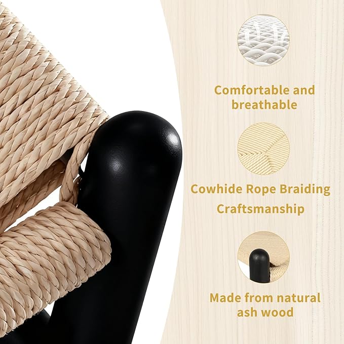 Wishbone Chair Natural Solid Wood Dining Chair/Hans Vegner Y Chair Rattan and Wood Accent Armrest Chairs Set of 2 (Ash Wood - Black + Natural Cord 2 Chairs)