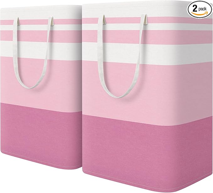 HomeHacks 2 Pack Large Laundry Baskets, Waterproof, Freestanding Laundry Hampers, Collapsible Clothes Hamper with Reinforced Handles in Laundry, College Dorm, Bathroom, Bedroom (Pink, 75Lx2)