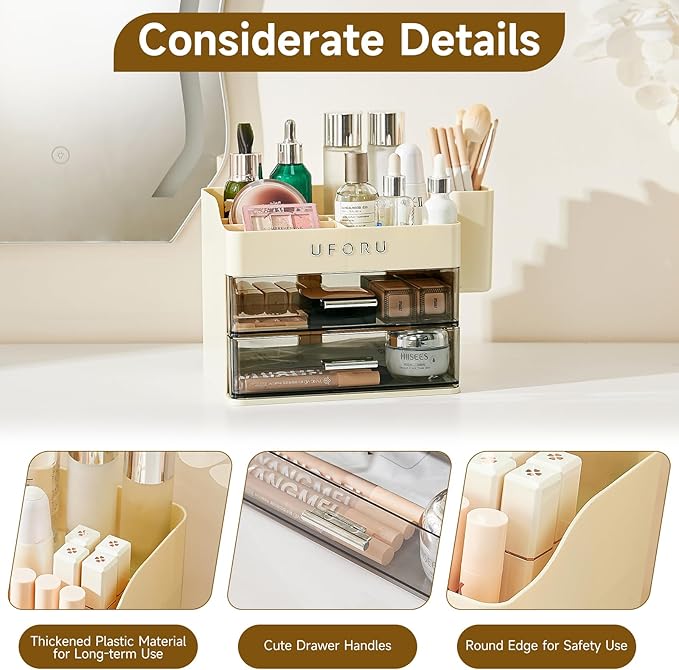 Makeup Organizer for Vanity with Brush Holder, Countertop Organizer with 2 Drawers, Spacious Cosmetic Display Case for Beauty Essential, Skincare, Lipstick