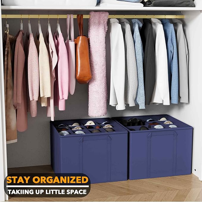 SpaceAid Shoe Organizer for Closet, 2 Pack Foldable Shoe Storage Containers Baskets Boxes Bins w/Adjustable Dividers, Fits 16-32 Pairs, Blue