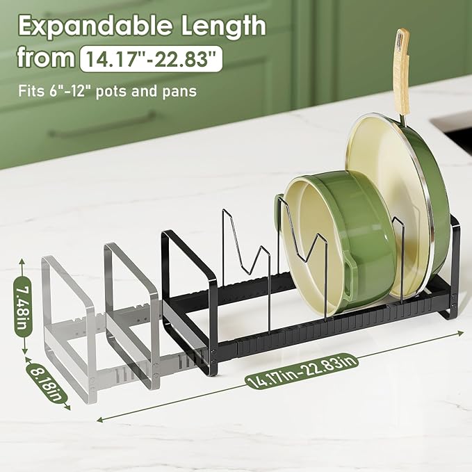 MUDEELA Pot Rack Pan Organizer inside Cabinet - Expandable Pot Lid Organizer for Cabinet with 12 Adjustable Dividers, Cutting Board Organizer Holder Baking Rack Kitchen Cabinet Storage Organization