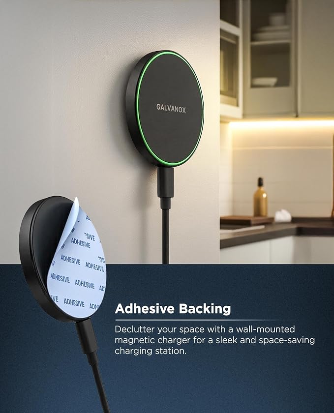 Galvanox Compatible with MagSafe Wall Mounted Magnetic Wireless Charger (15W) Fast Charging Stick-on Adhesive Design with Removable USB-C Cable (Black 10 FT)