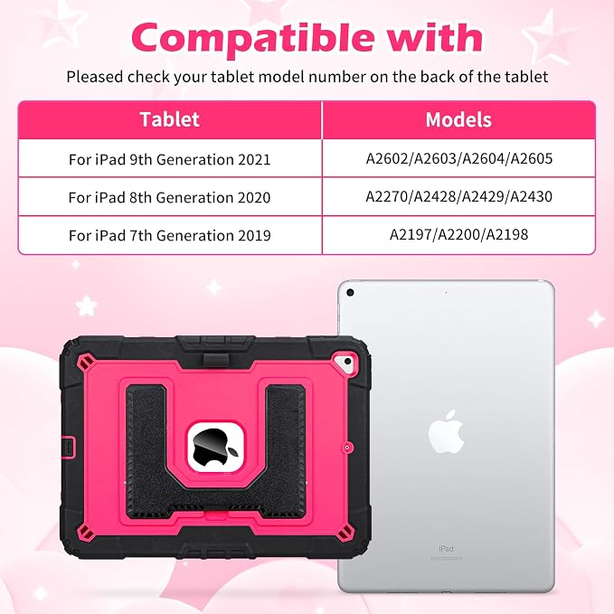 VOFUOE for iPad 9th/ 8th/ 7th Generation Case with Foldable Stand Shoulder Strap Pencil Holder 3 in 1 Heavy Duty Hard Protective Cover for iPad 10.2 Inch 2021/2020/2019 -Black&ampHot Pink