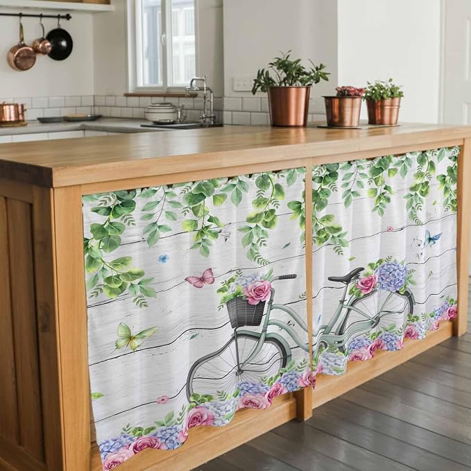Spring Tier Curtains, Bicycles Botanical Rose Leaves Butterfly Wood Grain Light