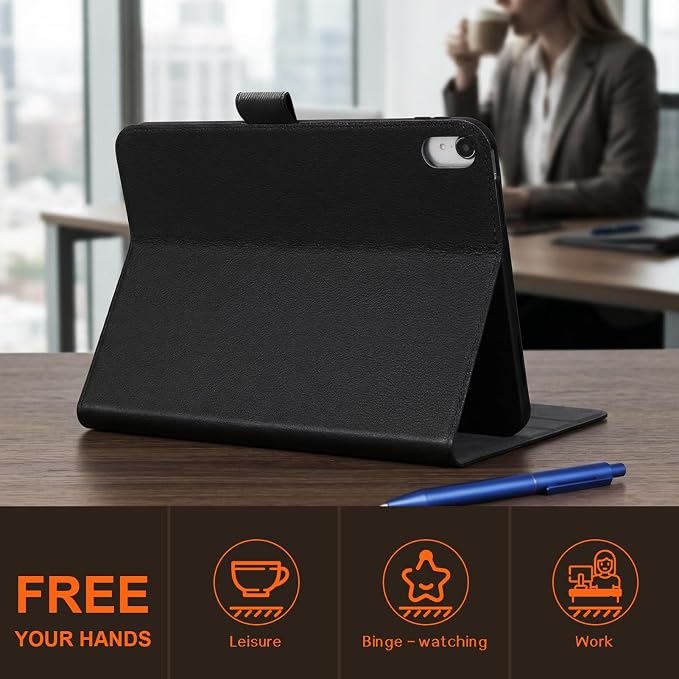 Leather Case for iPad 11th/10th Gen (11/10.9) Black | Genuine Leather Pencil Holder Adjustable Stand Magnetic Closure Auto Wake/Sleep