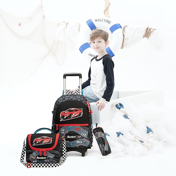 Boys Rolling Backpack for Kids 8-12 Trolley School Bag with Wheels Travel Backpack for Kids with Lunch Bag Set Back to School Supplies