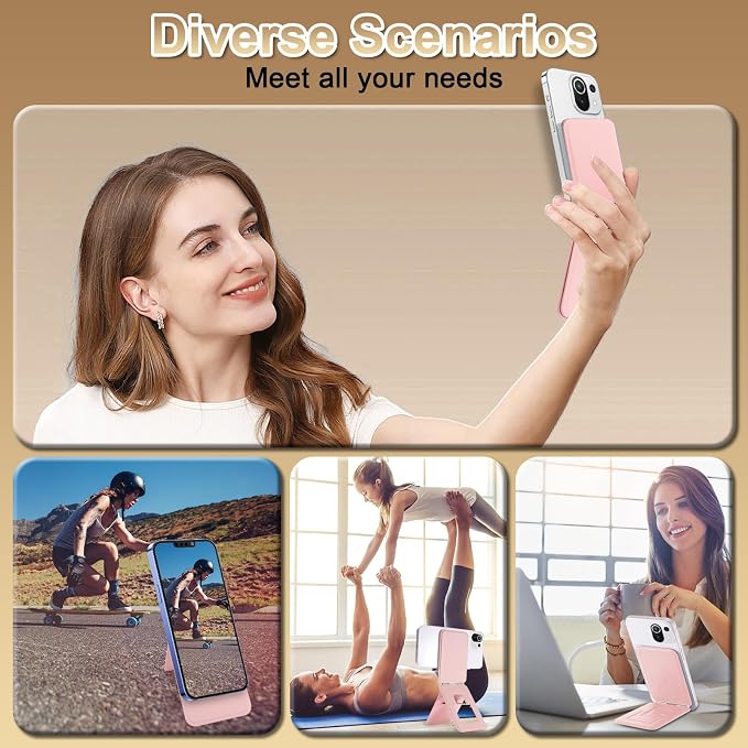 Magnetic Phone Stand Compatible with All Smartphones 17/16/15/14/13/12 Series Slim PU Leather Desk Stand with Angle Adjustment Portable &amp Includes 1 Strong Magnetic Ring for Any Phone(Pink)
