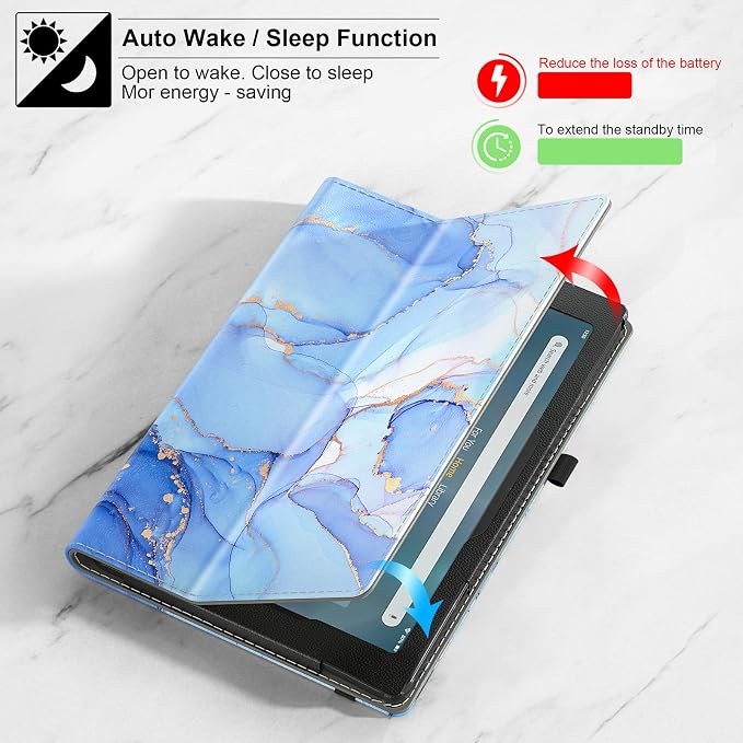 COOWPS Case for New Amazon Fire HD 8 &amp HD 8 Plus Tablet (12th/10th Generation 2024/2022/2020 Release) - Slim Folding Stand Cover with Auto Wake/Sleep and Hand Strap Blue Marble