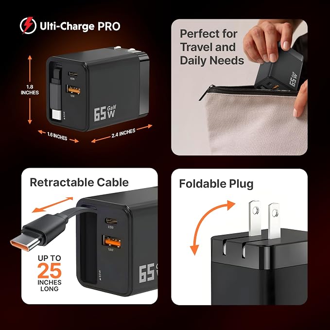 Ulti Charge Pro 65W USB C Charger with 25 Inch Retractable USB C Cable | Dual C/A Ports Foldable Plug Travel Adapter for iPhone Galaxy Pixel iPad Laptop Retractable USBC Phone Charger Fast