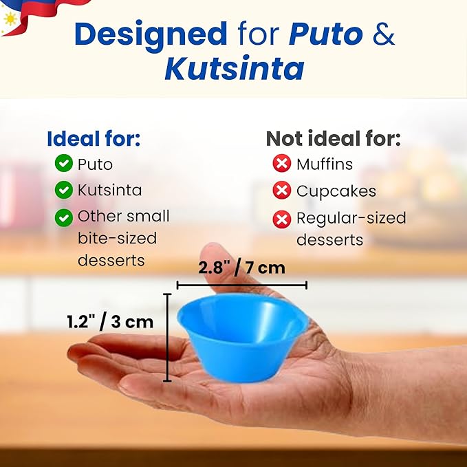TraditionTools MEDIUM Size (2.8" x 1.2") 40 Pcs Puto Molder Filipino with Pouring Measuring Cup - Kutsinta Molder for Baking - Puto Mold Cups for Steamer - Filipino Plastic Molds for Desserts