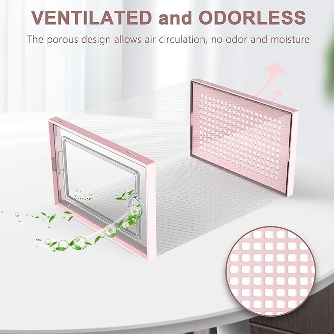Kuject Shoe Organizers Storage Boxes for Closet, 12 Pack Clear Plastic Stackable Storage Bins with Lids, Under Bed Shoe Containers for Entryway, Drop Front, Fit up to Women's Size 10,Pink