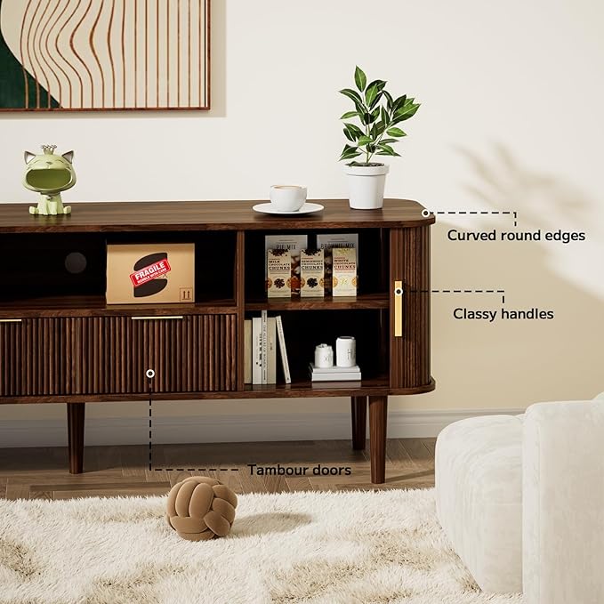 DAMCROP 62.4 Inch Fluted TV Stand, Modern Media Console Table with Sliding Tambour Door Farmhouse Sideboard Buffet Cabinet Fits TVs up to 75 inch, Wood Entertainment Center for Living Room(Dark Wood)