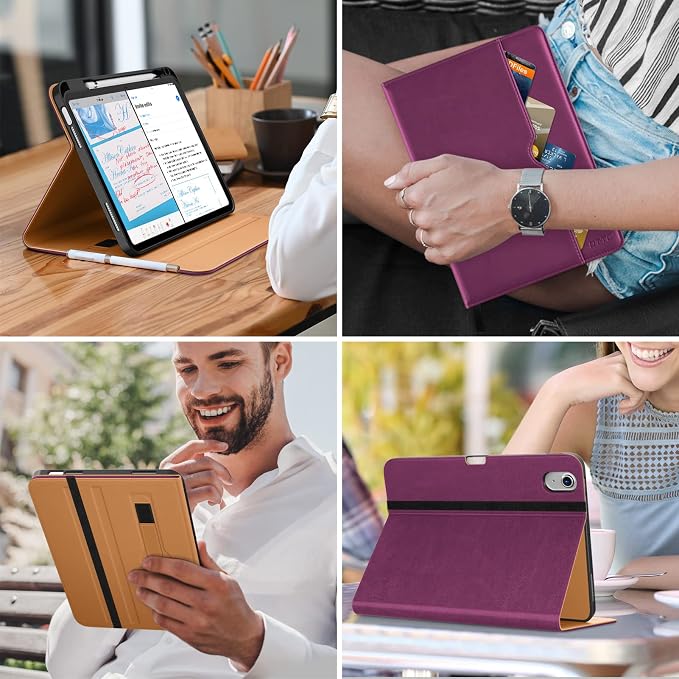 DTTO for iPad (A16) 11th Generation 11-inch &amp 10th Gen Case Brown | Premium Leather Business Cover with Pencil Holder Hand Strap &amp Pocket Corner Protection Auto Sleep/Wake for Work &amp
