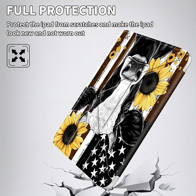for iPad 10.2 &amp 10.5/iPad 9th/8th/7th Generation 10.2 2021 2020 2019 Case Mutil Angles Folding Y-Shaped Stand Cover with Pencil Holder Auto Wake/SleepAmerican Flag and Cow