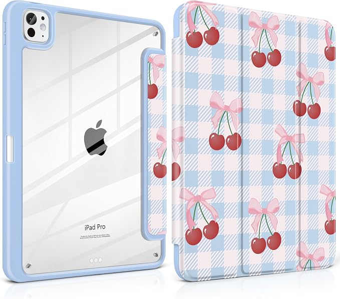 DONGKE for iPad Pro 11-Inch Case (M5 2025 / M4 2024) 6th/5th Generation [Auto Sleep/Wake &amp Pencil Pro Holder] Clear Acrylic Back Smart Trifold Stand Cover Bear &amp Cherry