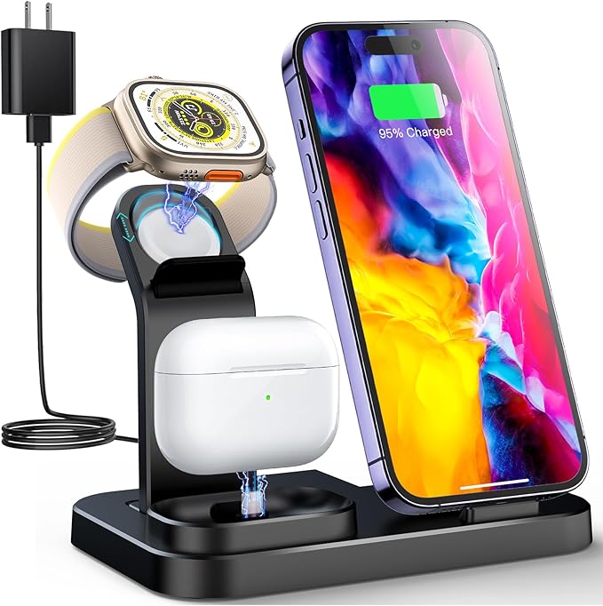 Wireless Charging Station 3 in 1 RJR Compatible with Apple Devices, Charging Dock for iWatch, Built-in Wireless Charger Stand for iPhone Series AirPods Gifts (with 18W Adapter) Graphite Black