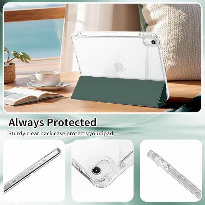 Case for iPad Air 11 Inch M4/M3/M2 Air 5th/4th Gen 10.9 Black | Pencil Holder Slim Trifold Stand Cover Clear Hard Back Shell Auto Sleep/Wake