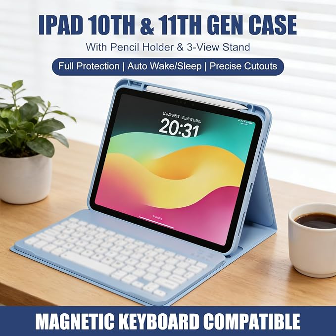 Case for iPad (A16) 11th Generation 11 Inch 2025/iPad 10th Generation 10.9 Inch 2022｜Built-in Pencil Slot · Slim Trifold Stand · Full Protection｜Sky Blue