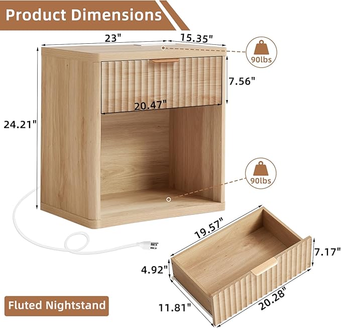 LEYAOYAO Fluted Farmhouse Nightstand Set of 2 with Charging Station, 23" Wide 1 Drawers End Table,Natural Dresser for Bedroom,Bed Side Table Chest of Drawers Cabinet,Wood Night Stand for Living Room