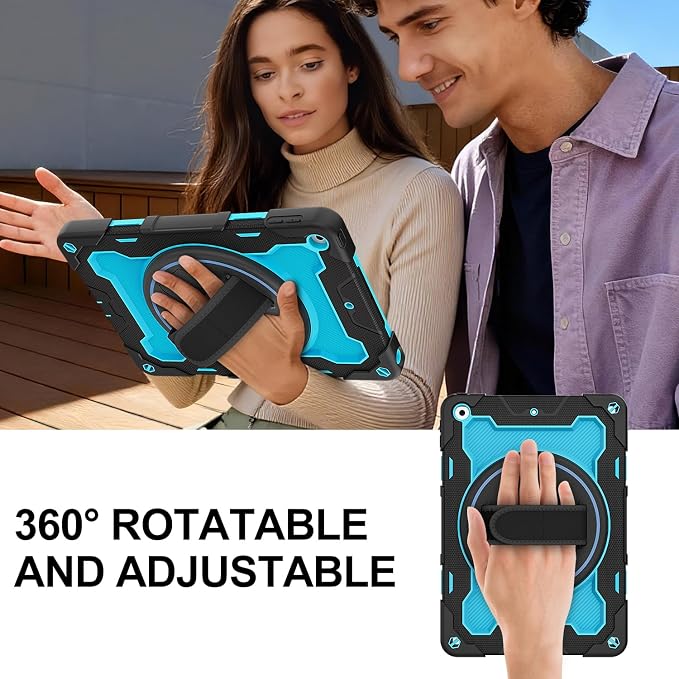 for iPad 9th 8th 7th Gen Case 10.2 inch with Screen Protector | 360° Rotating Kickstand Hand Strap Shoulder Strap Heavy Duty Military Grade - Kids Friendly