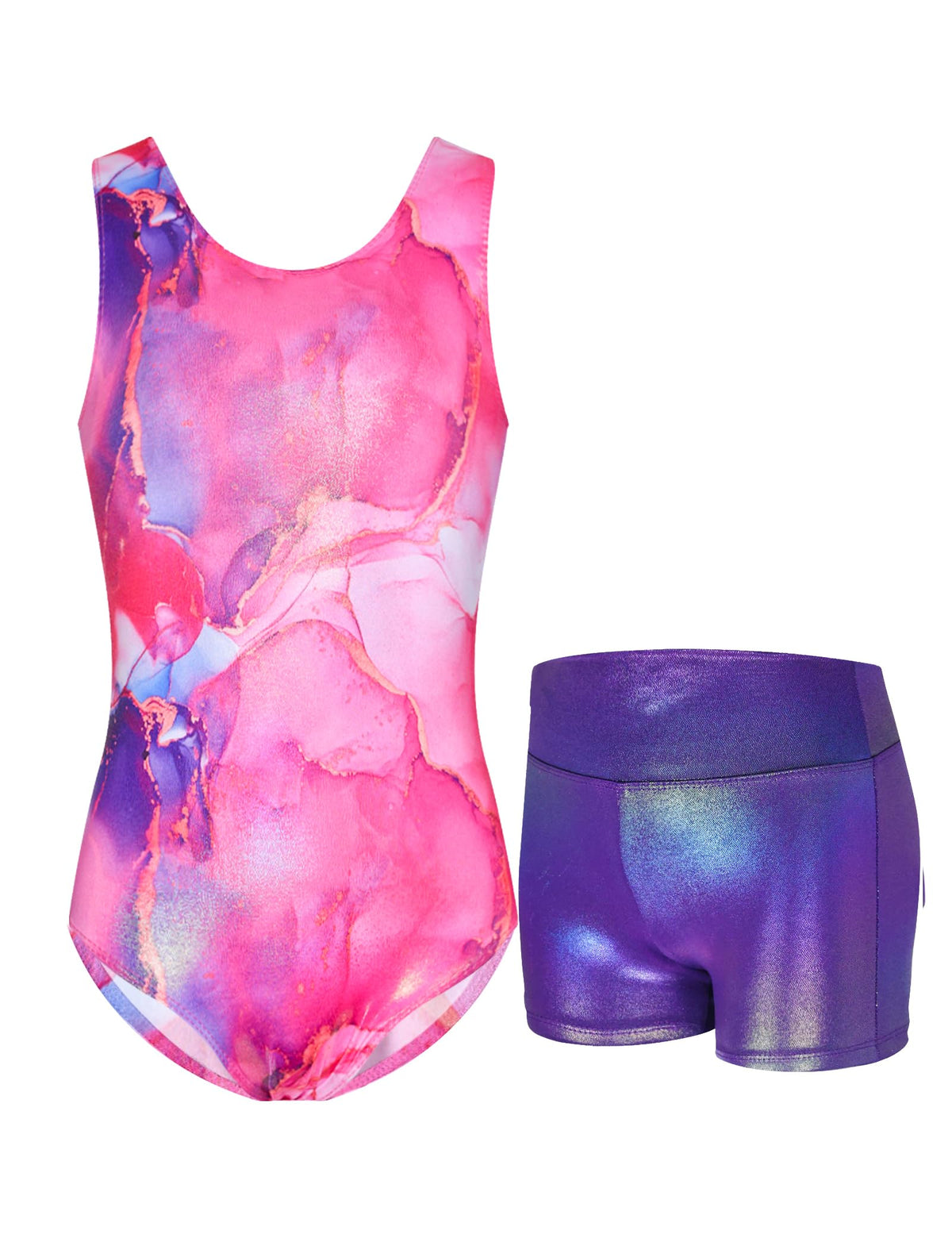 Nokecina Girls Gymnastics Leotards with Shorts Size 6-7 Years Old Purple Gold Gym Outfit Shiny Tumble Class Bodysuits