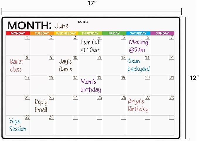 Refrigerator Calendar Magnetic Dry Erase - 17" x 12" Magnet Calendar for Fridge, Monday Start | Family Schedule Board, to-Do List & Work | Include 5 Markers & Eraser by Freedom Mastery