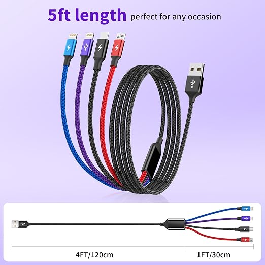 4 in 1 Multi Charging Cable 2 Pack 6FT Charging Cords for Devices | Nylon Braided USB C Car Charger Cable with Dual USB-C IP &amp Micro Ports Long Travel Charging Cord for Cars