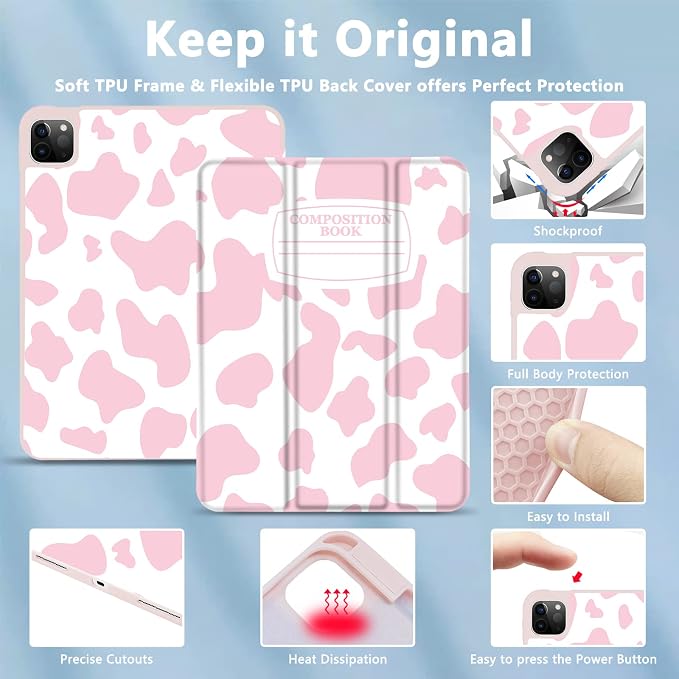for iPad Pro 11 Inch Case 2022(4th Gen)/2021(3rd Gen)/2020(2nd Gen) with Pencil Holder TPU Shockproof Frame and Protective Leather Cover [Auto Sleep/Wake] Black Cow