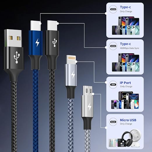 4 in 1 Multi Charging Cable 2 Pack 6FT Charging Cords for Devices | Nylon Braided USB C Car Charger Cable with Dual USB-C IP &amp Micro Ports Long Travel Charging Cord for Cars