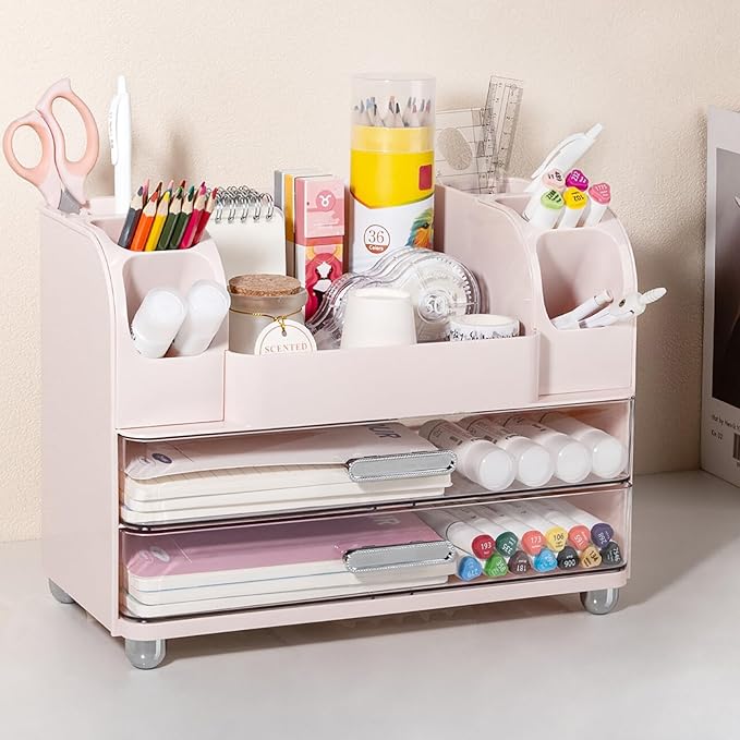 Anyoifax Makeup Organizer Countertop with Large Drawers, Vanity Organizer with Brush Holder, Skin Care Storage for Dresser, Perfume Organizer for Lotion, Lipsitck, Palette, Pink