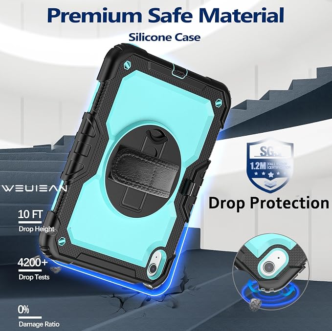 Weuiean Case for iPad A16 11th/10th Generation 11/10.9 Military-Grade Heavy-Duty Shockproof Cover with 360° Rotating Stand Built-in Pencil Holder &amp Adjustable Hand/Shoulder Strap - Black