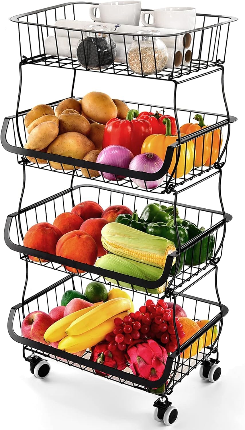 Miyawell Fruit Vegetable Storage Basket for Kitchen - 4 Tier Stackable Metal Wire Baskets Cart with Rolling Wheels Utility Fruits Rack Produce Snack Organizer Bins for Pantry Bathroom Laundry Bronze