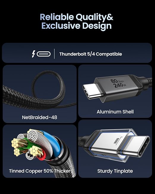 Silkland 80Gbps USB 4 for Thunderbolt 5 Cable 1FT 240W PD 3.1 Charging up to 120Gbps Bandwidth for Dual 8K Braided USB C Data Cable Compatible Thunderbolt 4/5 SSD MacBook M4 Pro iPhone17/16Dock